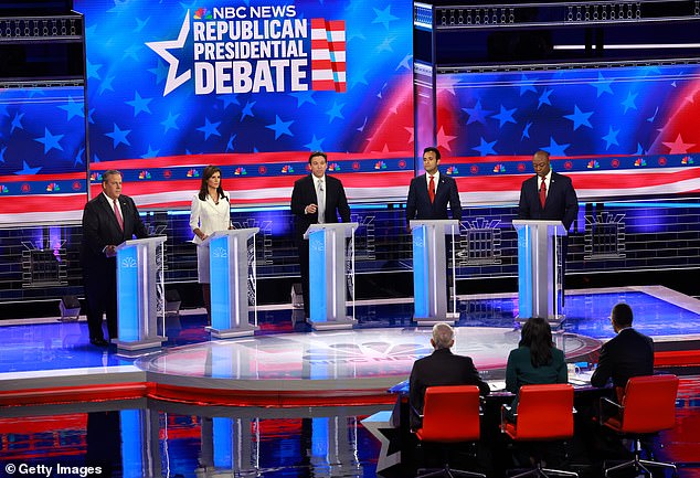 The five candidates on stage for the third Republican primary debate: Chris Christie, Nikki Haley, Ron DeSantis, Vivek Ramaswamy and Tim Scott