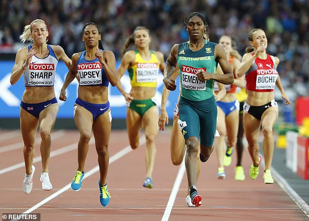 Caster Semenya of South Africa, Charlene Lipsey of the US and Lynsey Sharp of Great Britain compete in the semi-final of the women's 800 meters at the World Athletics Championships in August 2017