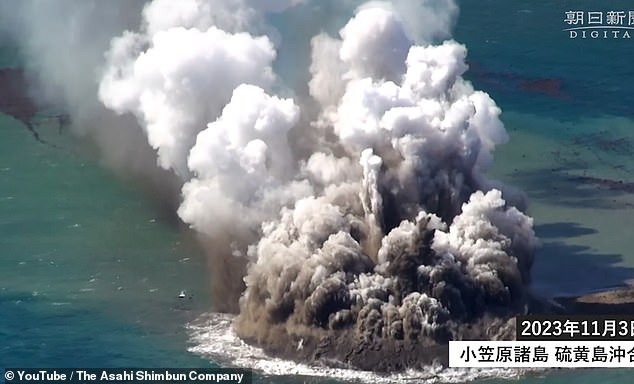 An island of black rocks and ash formed as a result of the violent explosions of an underwater volcanic eruption