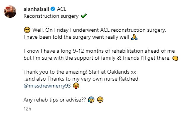 On the mend: On Thursday, Alan revealed it would take him up to a year to recover from his surgery, as he took to Instagram to share a photo from his hospital bed