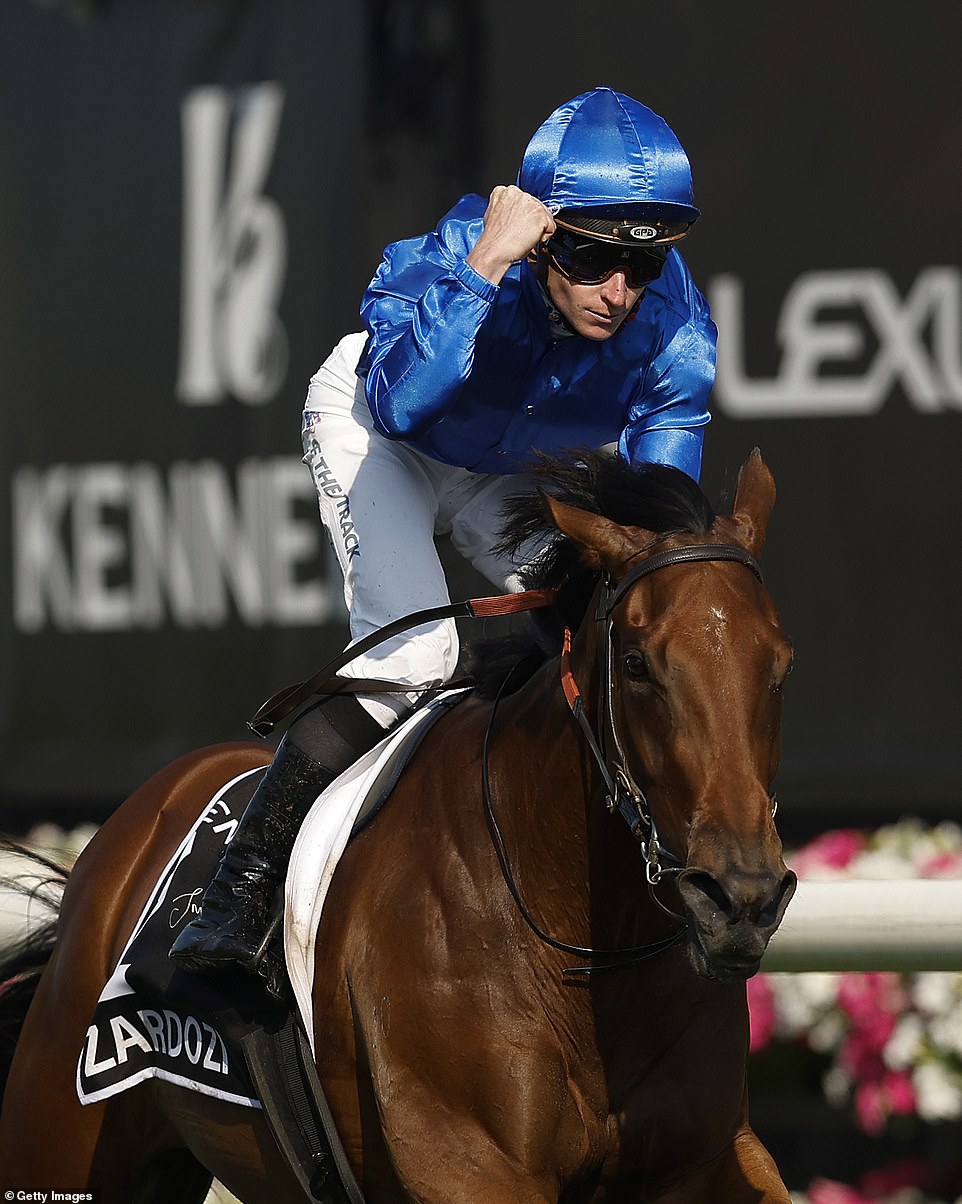 James McDonald is pictured riding Zardozi, who won the Oaks at Flemington Racecourse in Melbourne on November 9, 2023