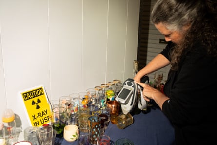 Rubin uses an X-ray fluorescence spectrometer (or XRF machine) to test lead levels in glassware.