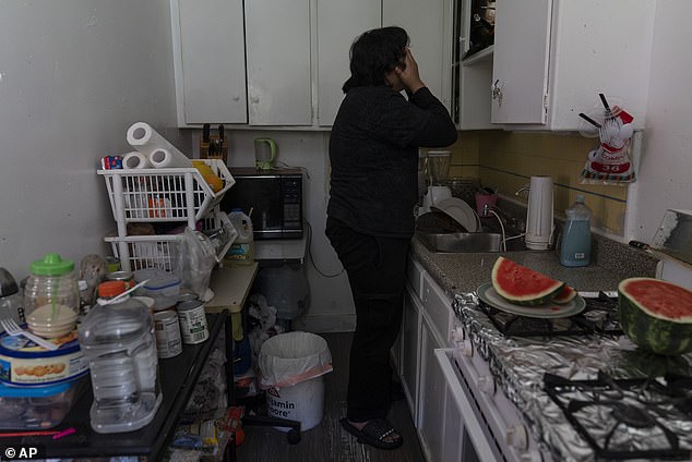 Not all Californians live in a mansion in Beverly Hills.  Pictured: A studio apartment in Los Angeles, shared by several residents with little money