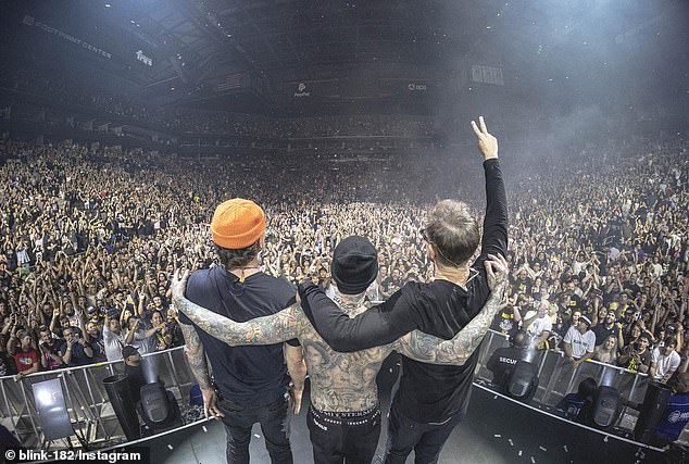 Downstairs!  Barker will have plenty of time to bond with his baby as his Grammy-nominated rock band does not resume their 93-date Blink-182 2023-2024 World Tour until February 8 at Australia's RAC Arena in Perth (pictured July 7)