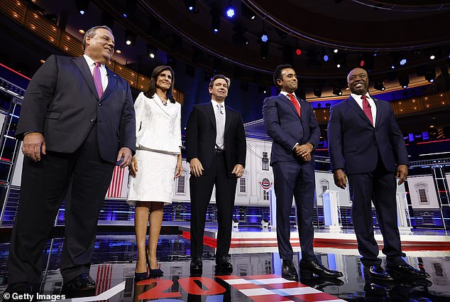 The debate featured Republican presidential candidates (L-R), former New Jersey Governor Chris Christie, former UN Ambassador Nikki Haley, Florida Governor Ron DeSantis, Vivek Ramaswamy and US Senator Tim Scott.