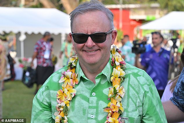 Since Prime Minister Anthony Albanese came to power, after-tax income for each household has fallen by 5.1 percent – ​​making this the worst decline among developed countries (he is pictured at the Pacific Islands Forum in the Cook Islands)