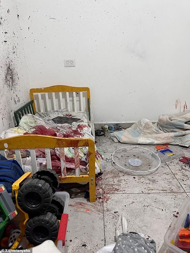 Hamas has left a trail of destruction at a series of kibbutzim near the Gaza border, including children's beds soaked in blood