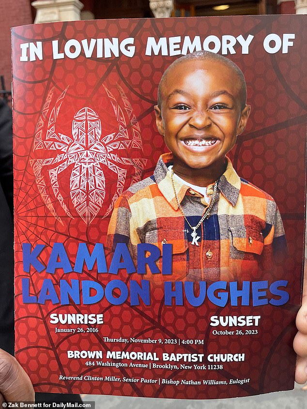 A funeral program from the service with a beaming Kamari on the cover