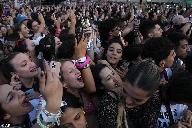 Fans cheer at the start of the show.  Superfans of the pop sensation have been camping out for five months in anticipation of the star bringing her Eras Tour to Buenos Aires