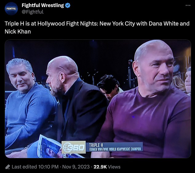 White (right) is now in business with WWE's Nick Khan (left) and Triple H (center).