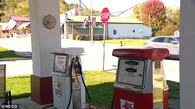 From the outside, the building still looks like a gas station - complete with red and white vintage gas pumps advertising Mobilgas and Mobilgas Special