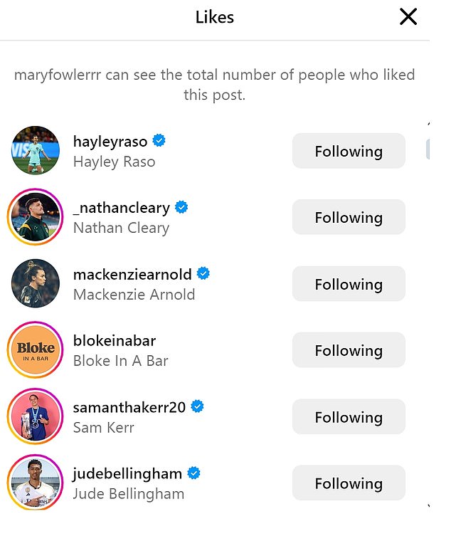 Cleary has also since liked Fowler's post, along with Bellingham, Matildas teammates and Brisbane Broncos star Reece Walsh