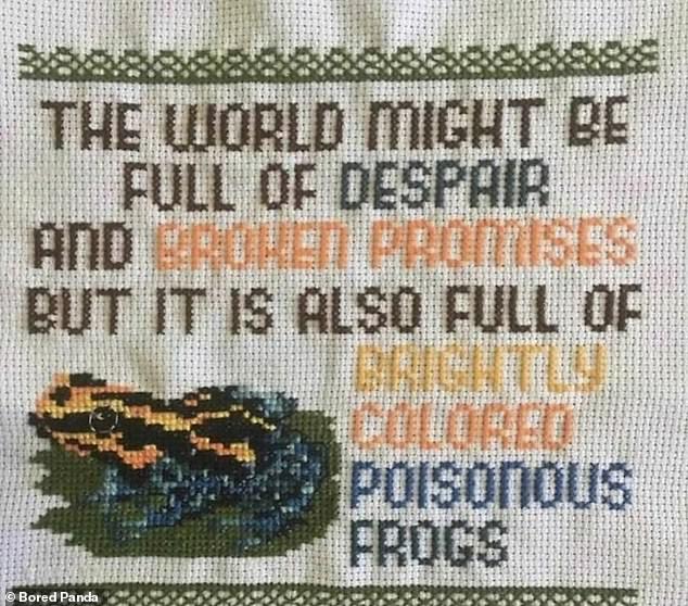 Random!  Someone else spotted an embroidered tea towel with a hilarious message about poisonous frogs