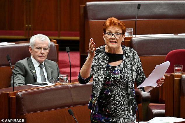 Senator Pauline Hanson (pictured with Malcolm Roberts) said she held Professor Marcia Langton to her promise that a no vote would put an end to her performances of the ceremony