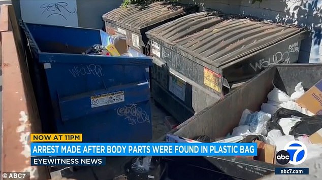 The bag was found in a duffel bag and thrown into a dumpster (photo) behind Ventura Boulevard and Rubio Avenue, near a family restaurant, hair salon and two banks.