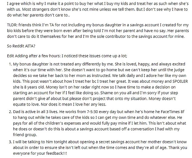 An anonymous mother of two said on Reddit that she had been putting money aside for her three-year-old daughter and one-year-old son since her pregnancy.