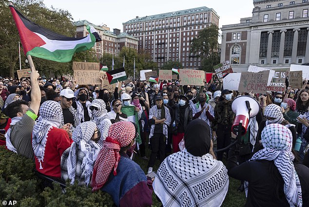 Pro-Palestinian demonstrators gather for a protest at Columbia University on October 12, days after Hamas' attack on Israel