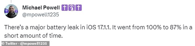 One user said: 'There is a major battery leak in iOS 17.1.1.  It went from 100% to 87% in a short time.