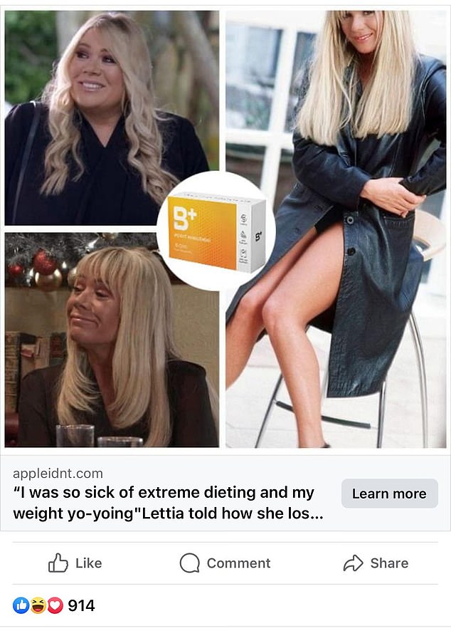 A Facebook ad promoting Letitia's weight loss by sharing two comparison photos of the soap star is fake, with sources close to the BBC actress confirming it is 'nonsense'.