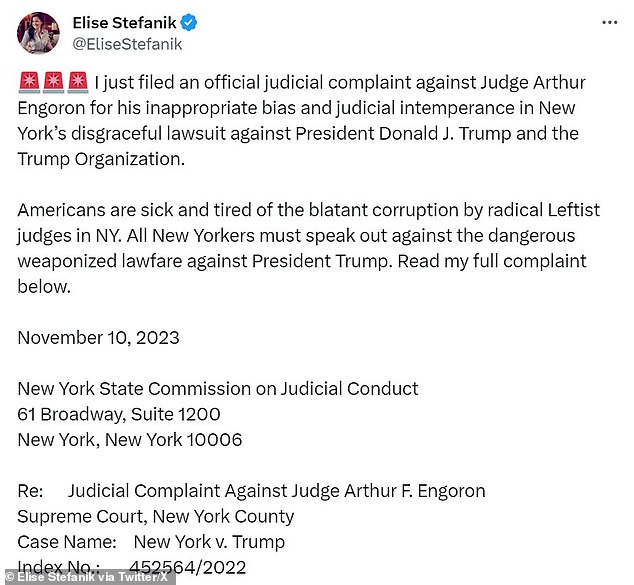 1699628304 476 Top Republican Elise Stefanik files ethics complaint against Trump Judge