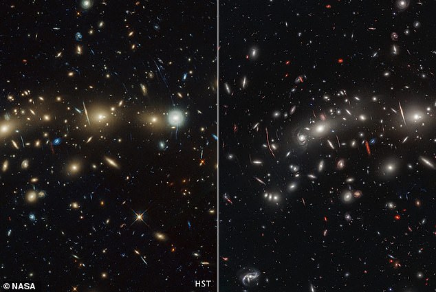 A little help from my friend: The lights were spotted with help from Webb's predecessor – the iconic Hubble Space Telescope (image left) – and are located in a cluster of galaxies 4.3 billion light-years from Earth officially known as MACS041