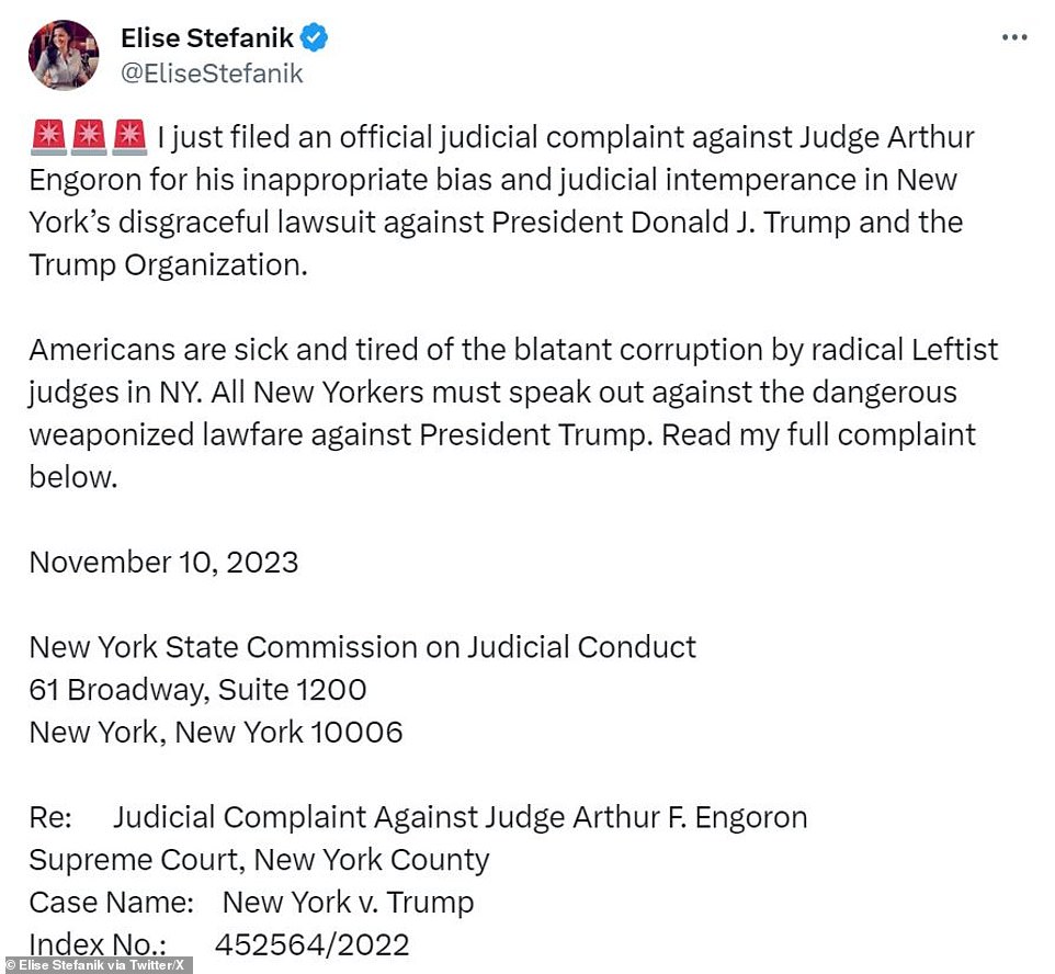 Stefanik, a Republican from New York, wrote the New York State Commission on Judicial Conduct to complain about the judge.  Engoron had shown 