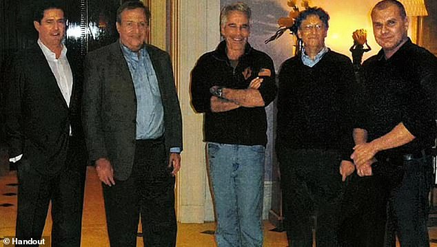 Epstein is shown with former private banking chief Jef Staley (far left), Larry Summers, Bill Gates (second from right) and Boris Nikolic (far right)