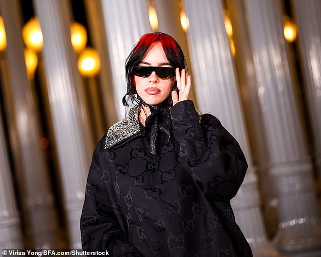 Filming: Billie Eilish was nominated for Record and Song of the Year for What Was I Made For?, her somber ballad featured on the Barbie movie soundtrack;  pictured on November 4 in LA