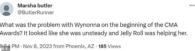 “Wynonna Judd holding on to Jelly Roll for dear life #CMAawards,” an X user (formerly Twitter) tweeted during the ABC broadcast