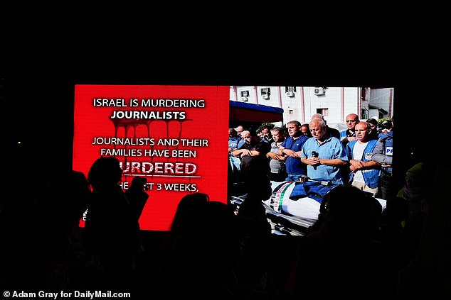 The protesters brought a screen to the site, citing the terrible toll among journalists.  A total of 41 journalists have been killed so far in the war between Israel and Hamas – 36 of them Palestinian reporters killed by Israeli strikes in the Gaza Strip