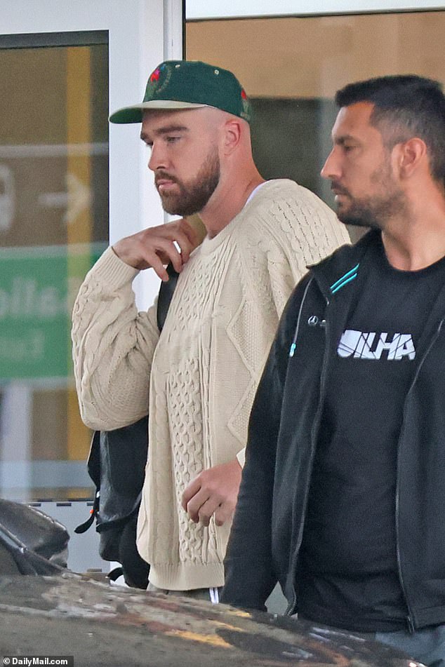 Travis Kelce was spotted leaving the airport on Friday afternoon after landing in Buenos Aires, Argentina, exclusive photos from DailyMail.com show
