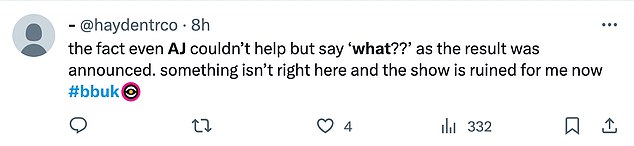 Response: Many think they caught AJ asking “what?”  after it was revealed that Trish would be the second evicted person of the night, after Chanelle was booted from the house