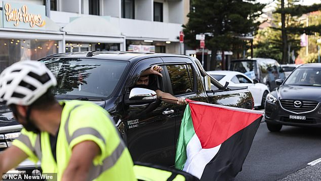 A supporter of Palestine is seen giving a thumbs down to the supporters of Israel