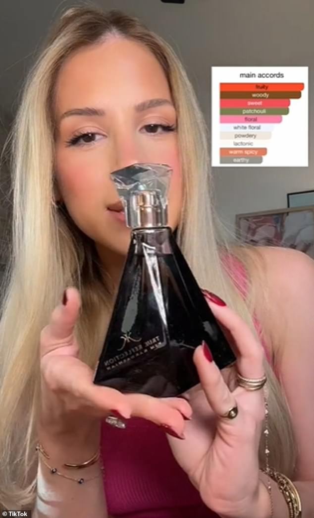 She started by trying on Kim Kardashian's True Reflection perfume (pictured)