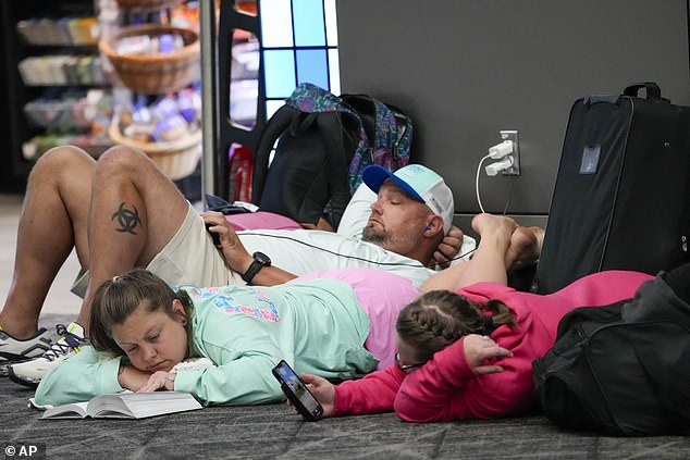 Massive delays and cancellations this summer contributed to the dismal figures.  Pictured: Travelers wait on the floor of a departure lounge at LaGuardia Airport on June 27, 2023