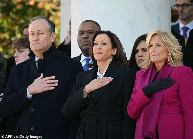 Also present at the solemn service were (L-R) Second Gentleman Doug Emhoff, Vice President Kamala Harris and First Lady Jill Biden.