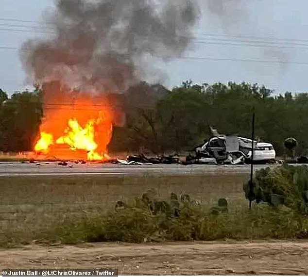 While the crash was still being investigated, it killed everyone involved, police confirmed, and also caused an explosion at the scene that was captured in a photo.  Photos from the scene showed the wreckage burning on the highway, as well as the burned-out SUV and the totaled Honda (seen at left)