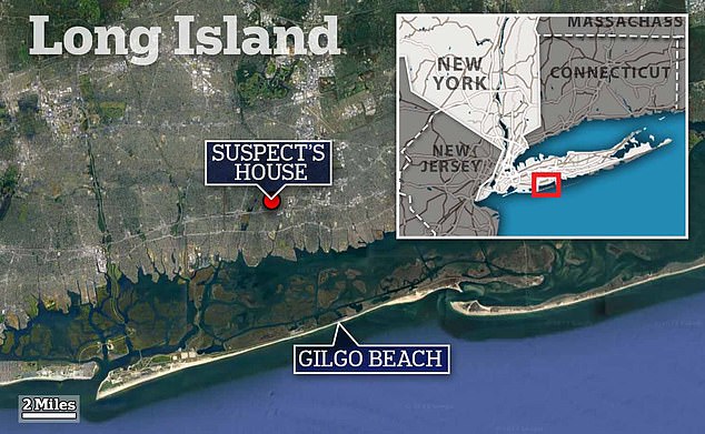 The suspect's home is located immediately north of Gilgo Beach, across South Oyster Bay