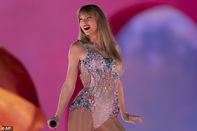 The Bad Blood hitmaker winked in Kelce's direction as he laughed and joked with her dad in the VIP box.  (Image: Swift performed in Nashville earlier this year)