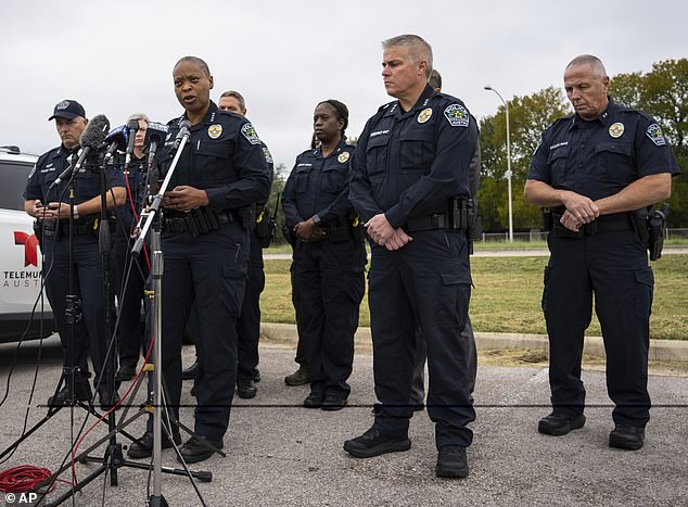 Austin Police Chief Robin Henderson speaks at a news conference about the shooting of an officer