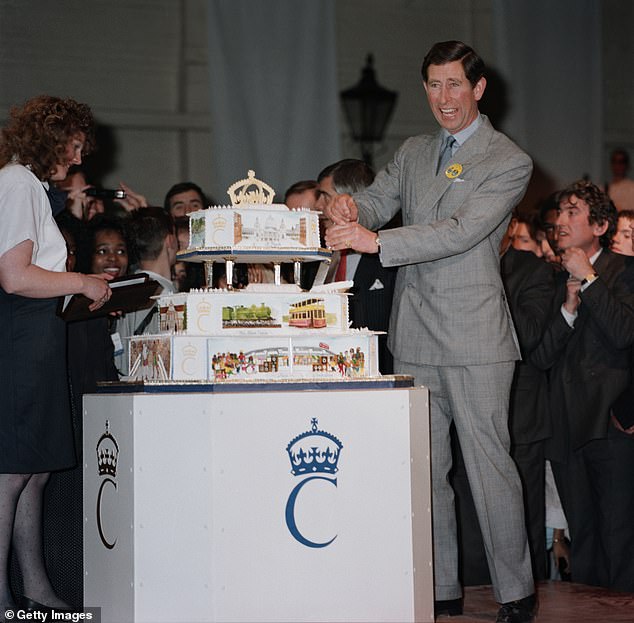 The now king pictured with his tiered birthday cake at his 40th birthday party during the launch of his Prince's Youth Business Trust in Birmingham