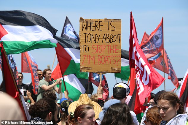 Pro-Palestinian protesters (pictured) held a rally in Sydney's Port Botany on Saturday