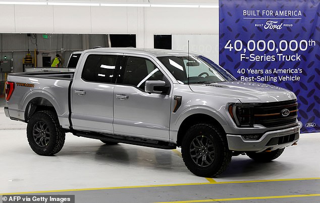 Trucks experienced the least five-year depreciation at about 36 percent, the study found.  Pictured is the 40 millionth Ford F-Series truck on display at the Dearborn plant in 2022