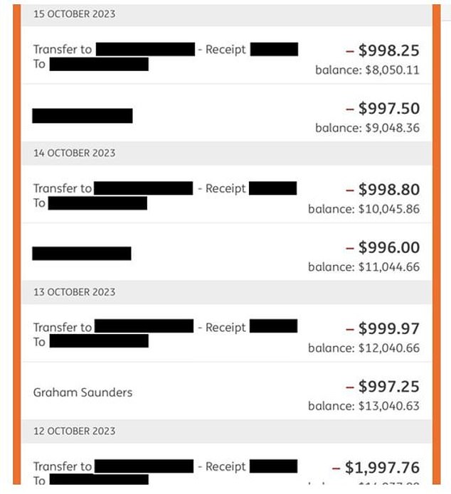 The fraudsters changed the bank details of a friend of hers, Graham, to their chosen bank account and over the course of five days her account was emptied (pictured)