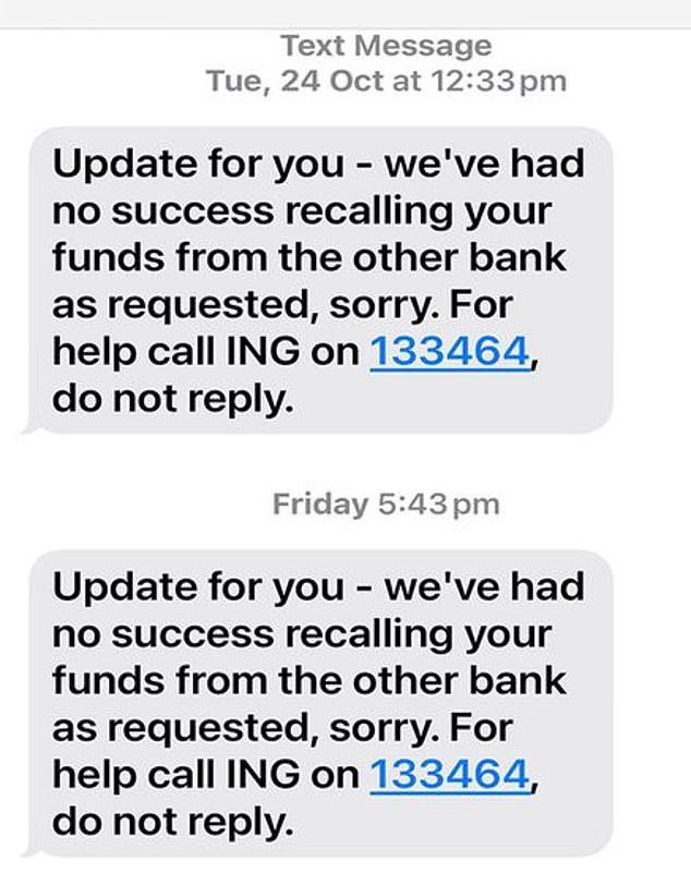 Her bank, ING, was able to lock her accounts and prevent the scammers from stealing any more money, but could not get her money back (pictured)