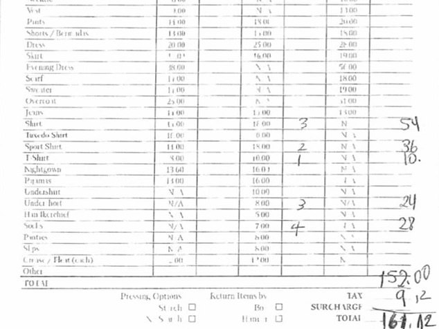 His laundry bill for three dirty shirts, four pairs of socks and three pairs of underwear set the Australian taxpayer back $253AUD (photo, laundry receipt)