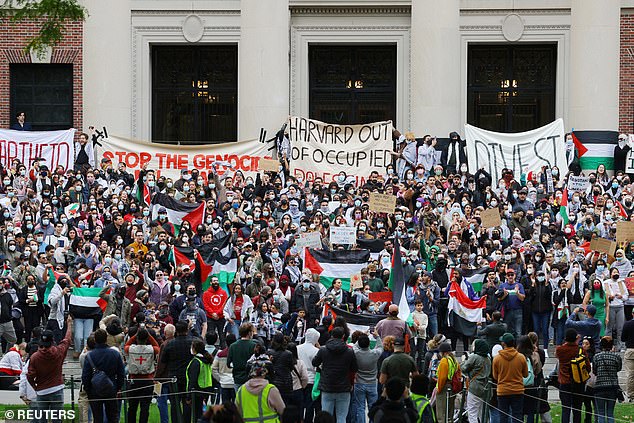 Pro-Palestinian protesters flood the Harvard University campus on October 14