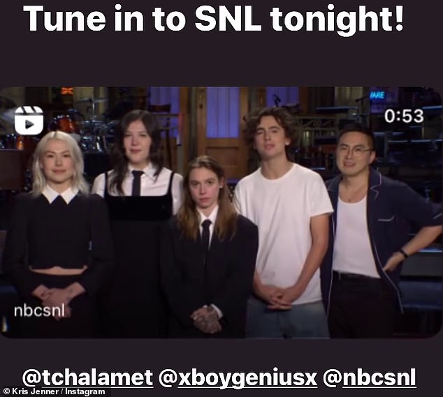 Plug: Kris dropped a hint on her Insta Stories this weekend, hours before Timothee was set to host Saturday Night Live