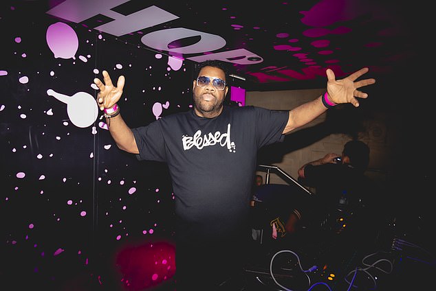 Fatman Scoop, 52, (pictured) also performed that night, wearing a pair of simple black shirts and a black T-shirt that said Blessed