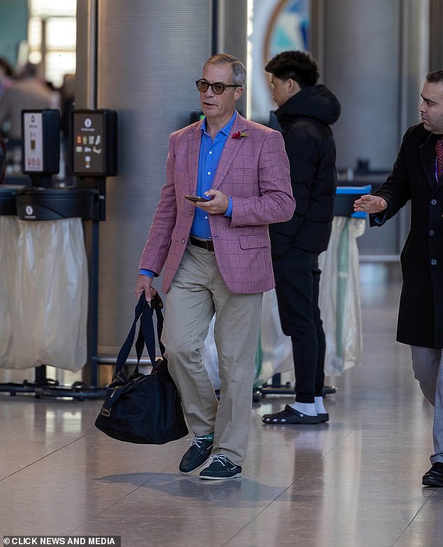 Heading to camp: The Brexit Party founder landed at 9.45am after a 20-hour flight from London this morning to become the first confirmed campmate for this series